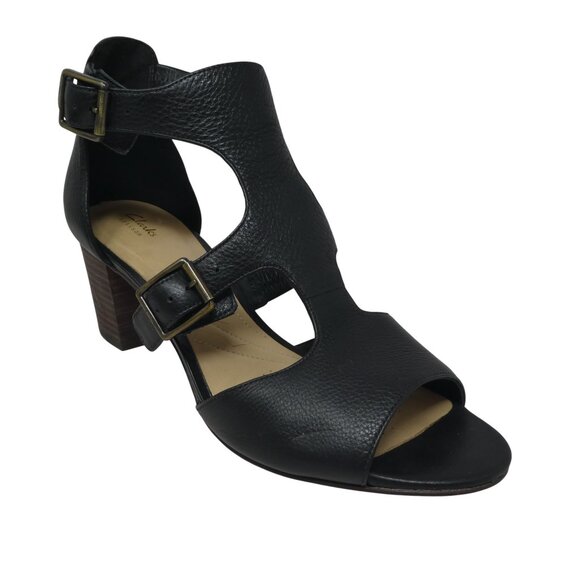 Clarks Deloria Kay Black Leather Open Toe Ankle Strap Heeled Sandals - Picture 1 of 13
